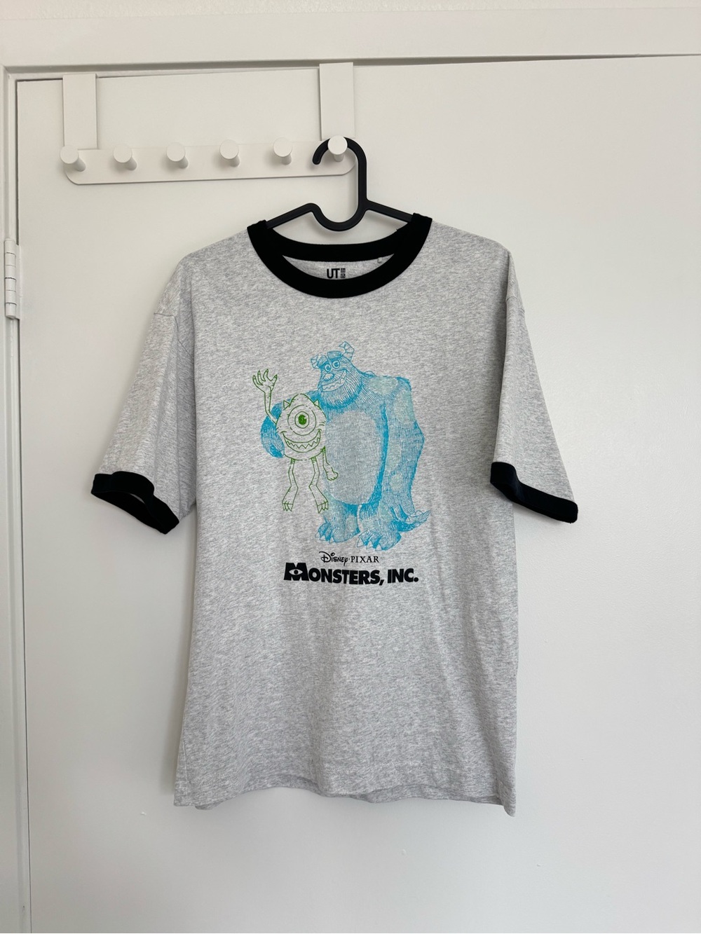 Uniqlo Gray Ringer Tee with Monsters, Inc. Blue & Green Print